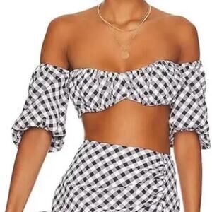 NWT $209 RUMER Large Bisou Crop Gingham Puff Sleeve Crop Top